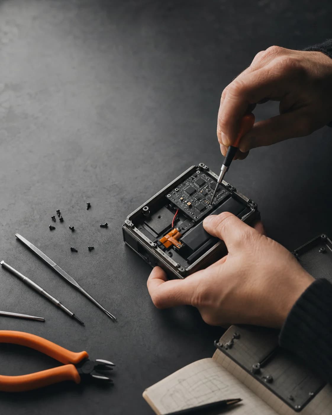 Hands assembling an open electronic device at a workbench